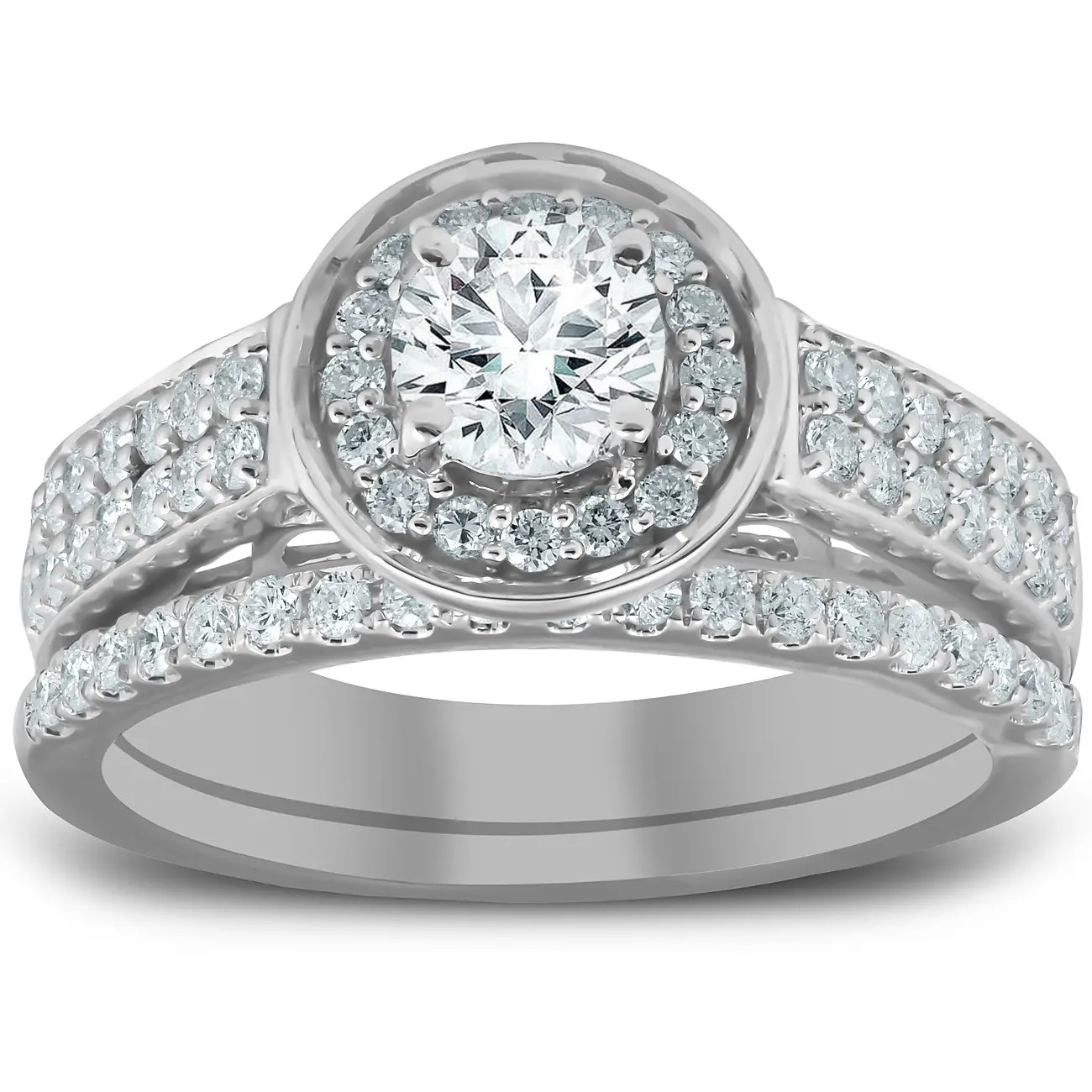 1 1/4 Ct Diamond Halo Double Band Engagement Ring &  Wedding Band Set ...