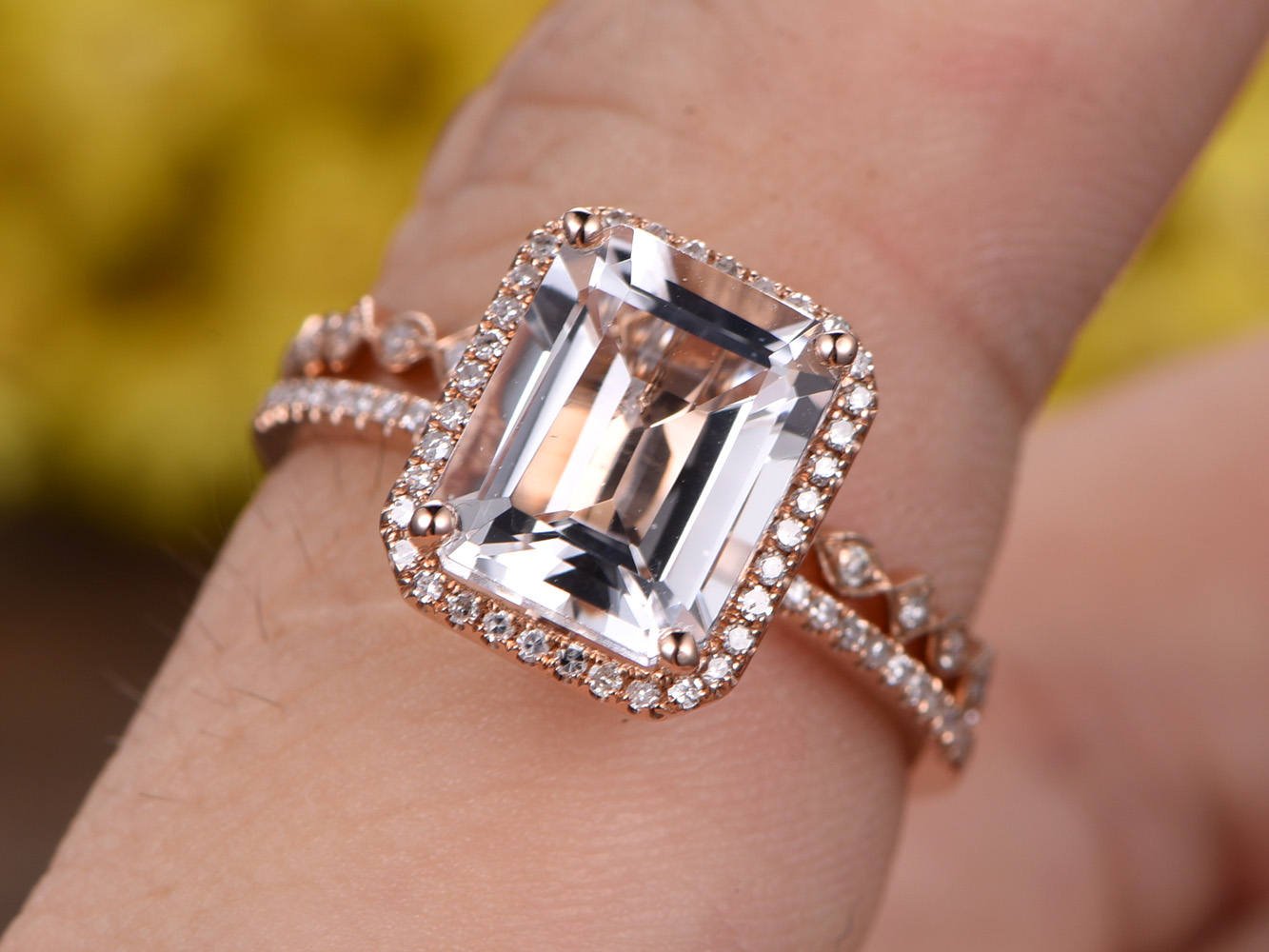 1.5ct emerald cut Topaz engagement ring set,14k rose gold diamond ...