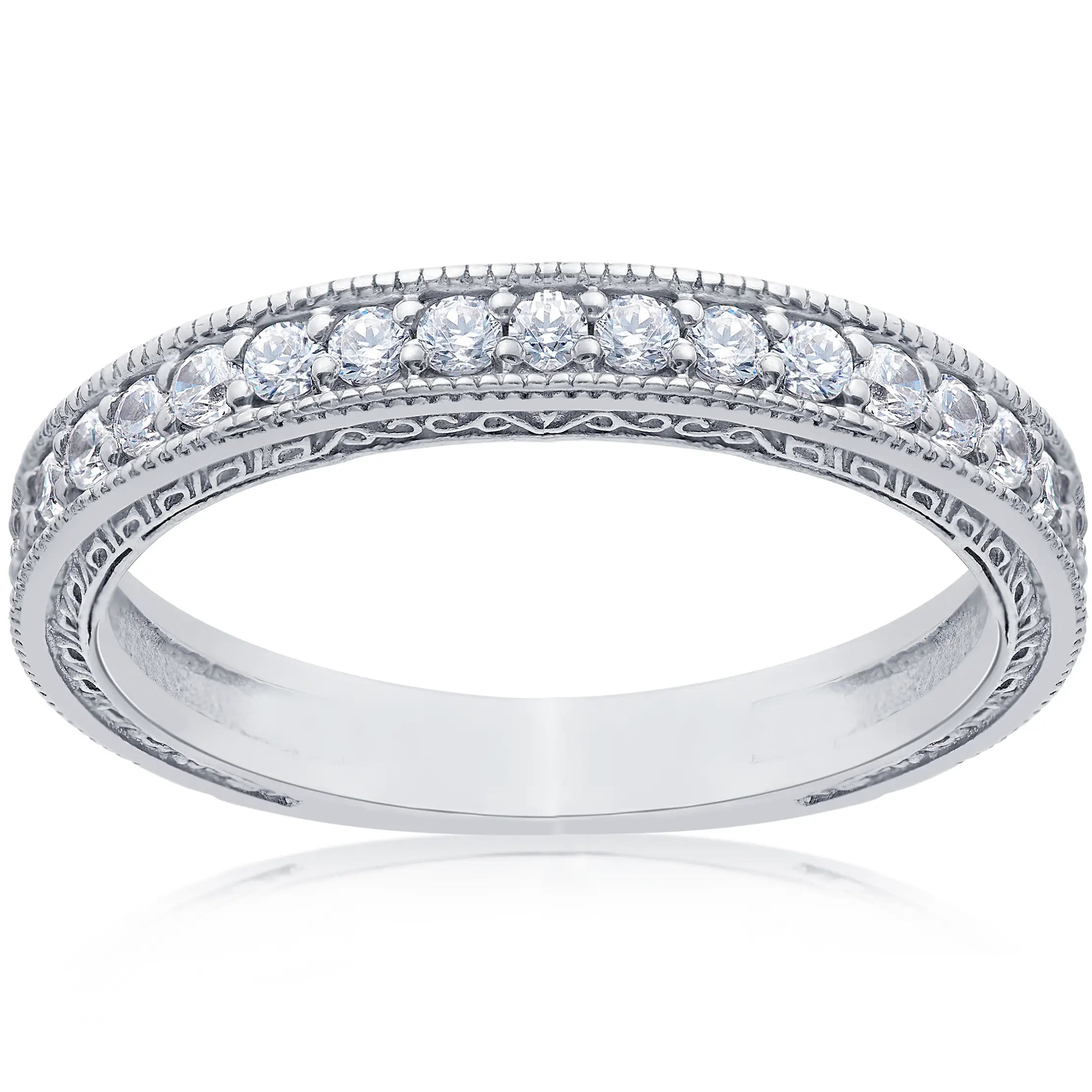 1/2ct Vintage Diamond Wedding Ring 14K White Gold Womens Stackable Band ...