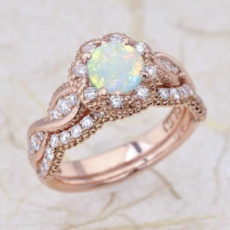 14K Vintage Rose Gold Opal Engagement Ring And Wedding Band