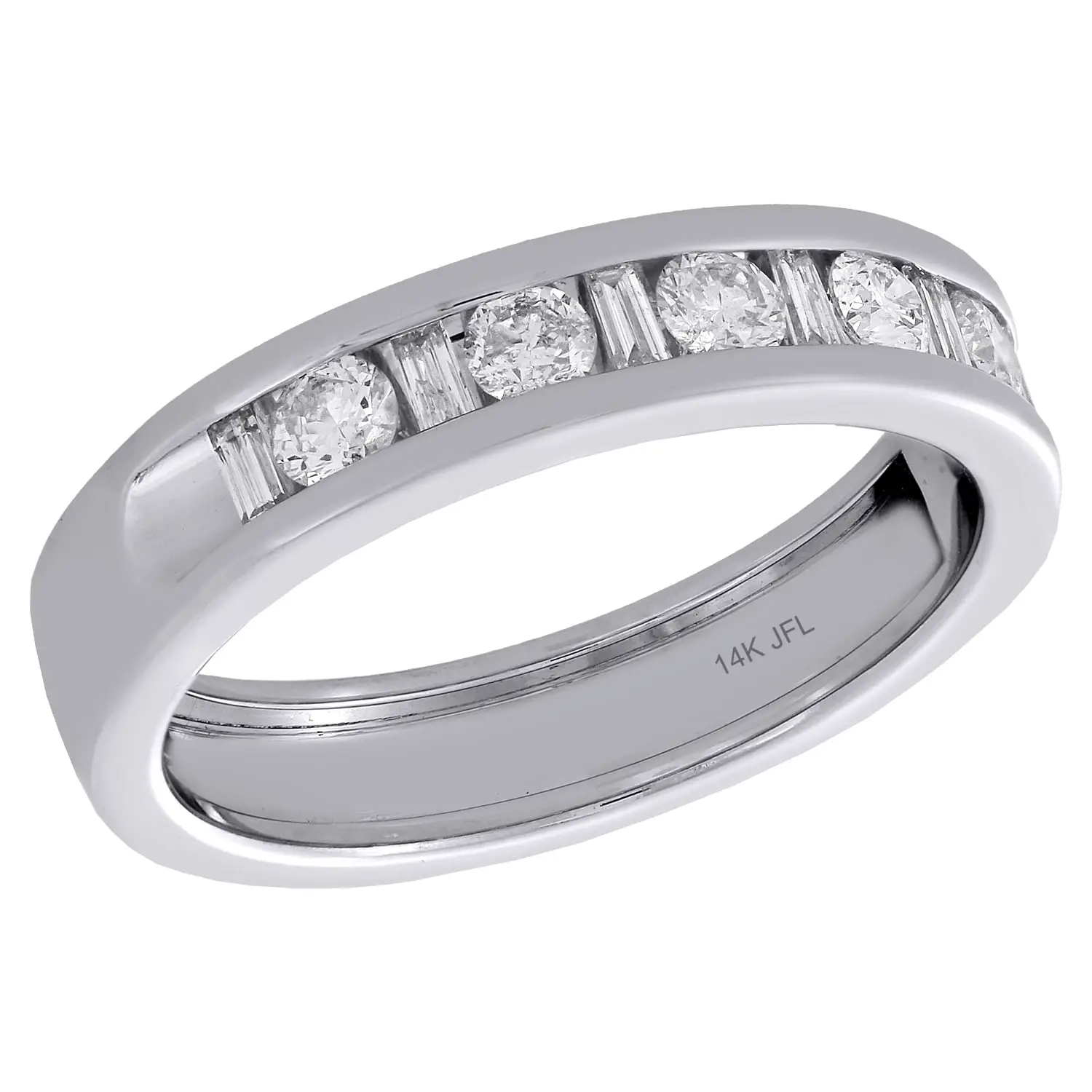 14K White Gold Baguette &  Round Diamond Mens Wedding Band Engagement ...