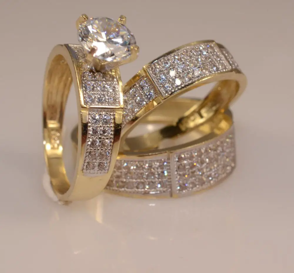 14K Yellow Gold FN Diamond Bridal Engagement Ring His Her Trio Wedding ...