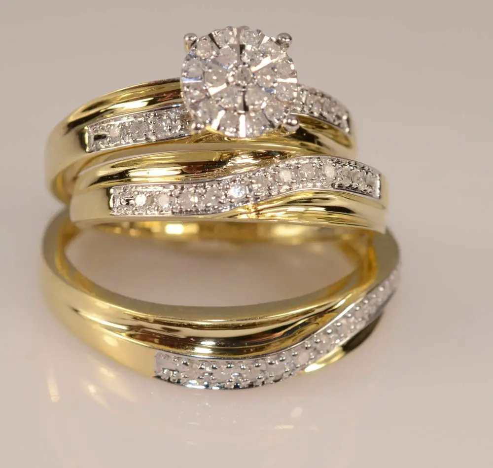 14k Yellow Gold Fn Trio Set His And Hers Diamond Engagement Bridal ...