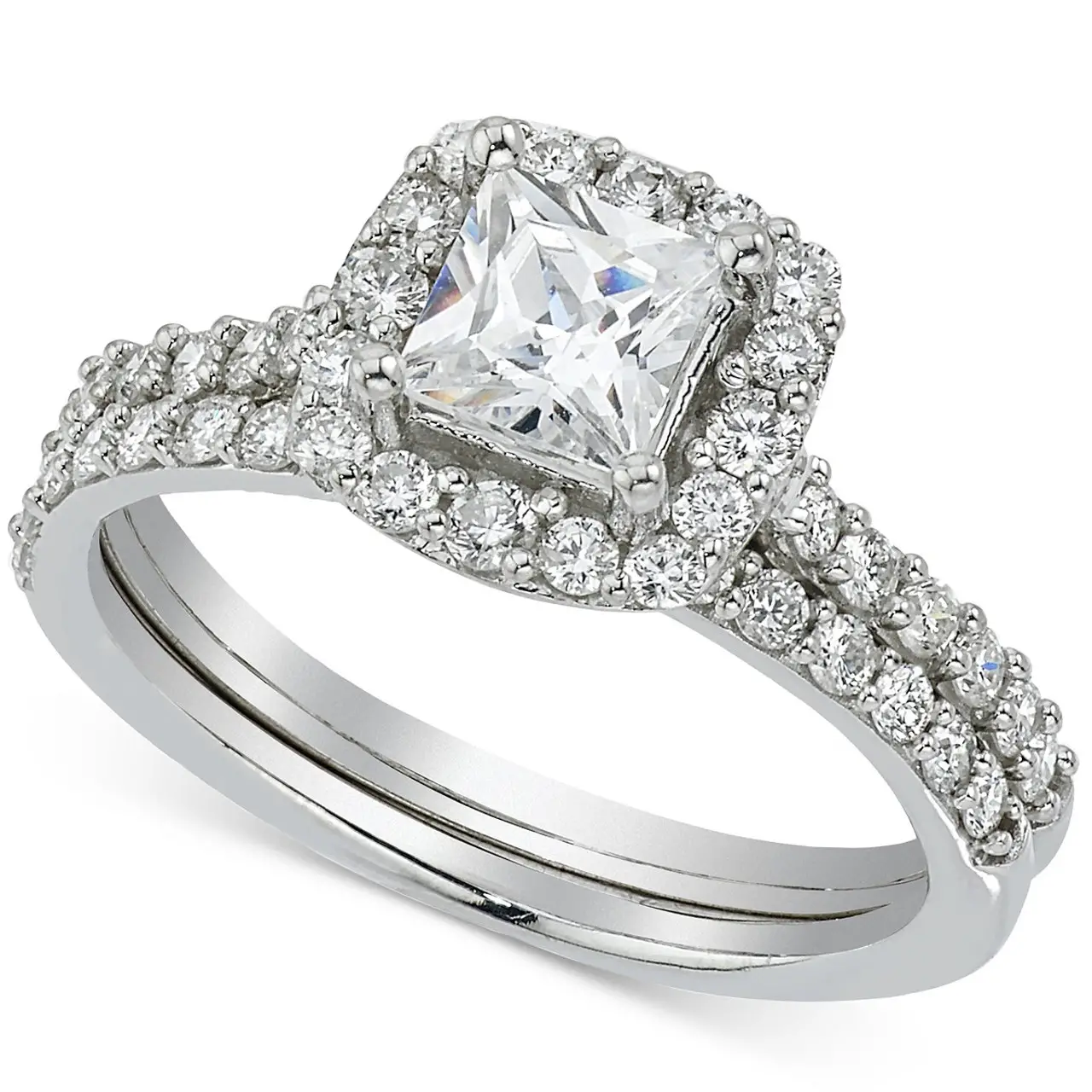 2 ct Princess Cut Halo Diamond Engagement Ring Wedding Set 14k White Gold