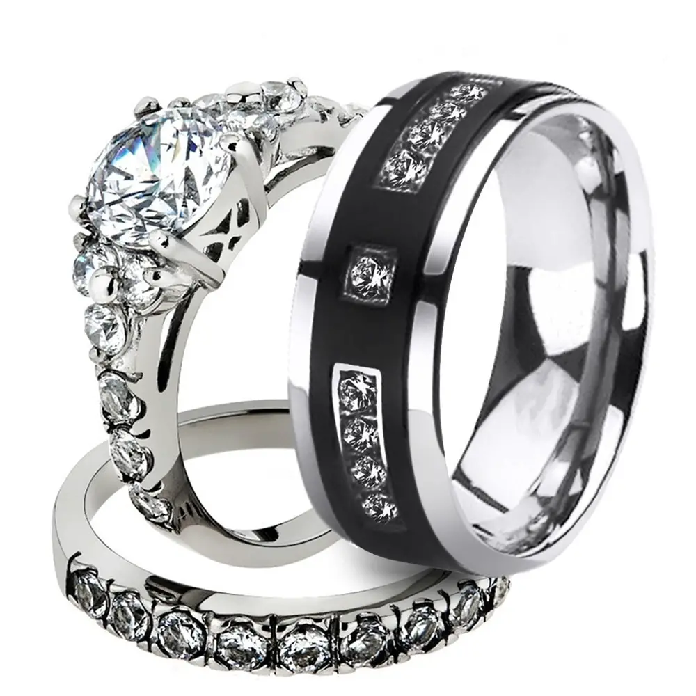 2 Pcs Couple Wedding Ring Sets Princess Cut Cubic Zirconia Couple Rings ...