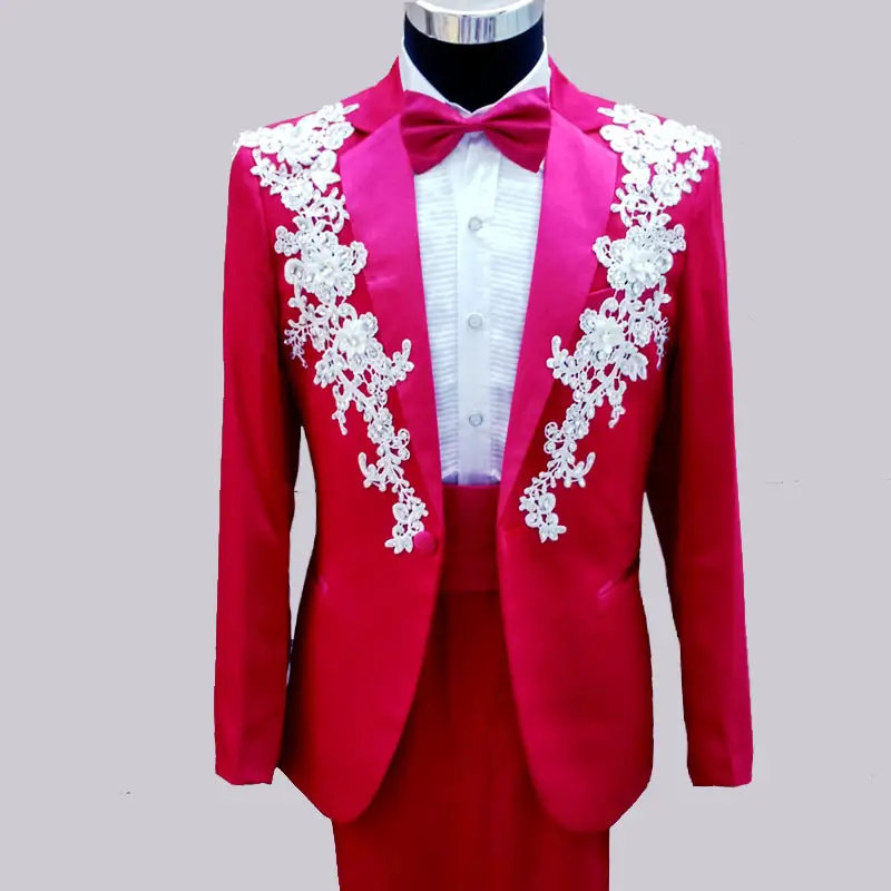 2 Pieces Custom Made Red White Men Wedding Prom Suits Lace Appliques ...