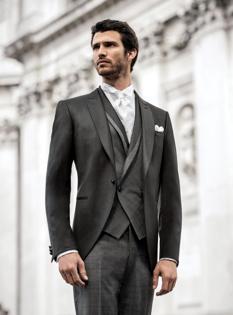 2014 Fit One Button Long Coat Grey Groom Wedding Tuxedos With Vest And ...