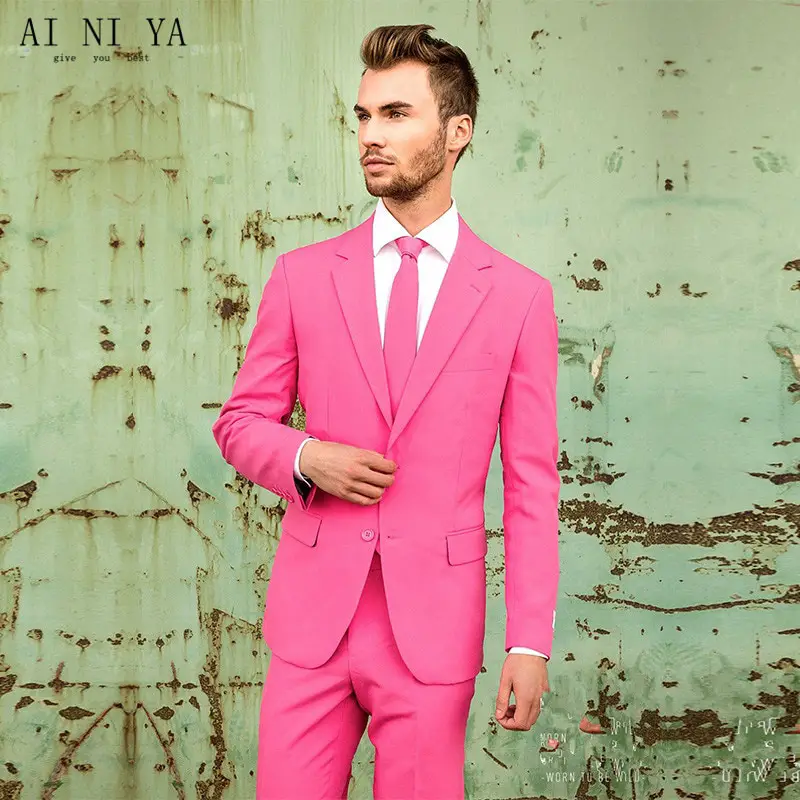 2017 Hot Pink Mens Suits Groomsmen Slim Fit Groom Tuxedos Formal Prom ...
