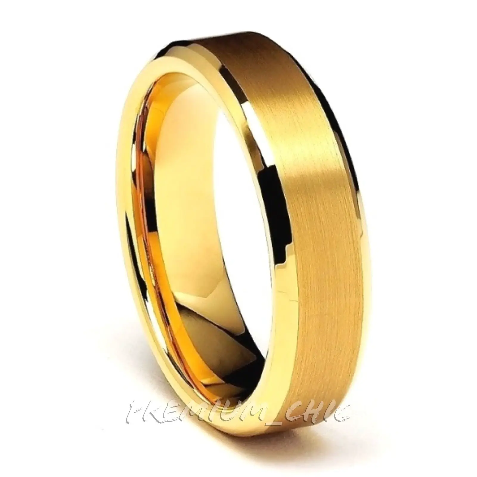 24k Gold Tungsten Carbide Mens Wedding Band Ring Brushed Center Beveled ...