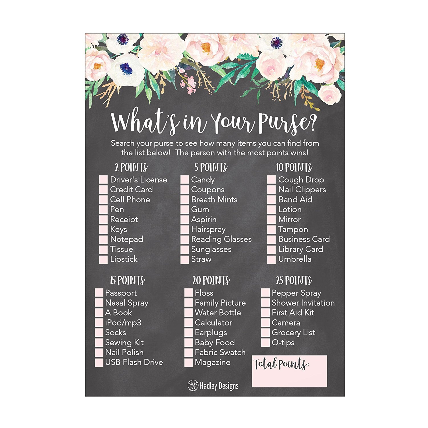 25 Rustic Floral Whats In Your Purse Bridal Wedding Shower ...