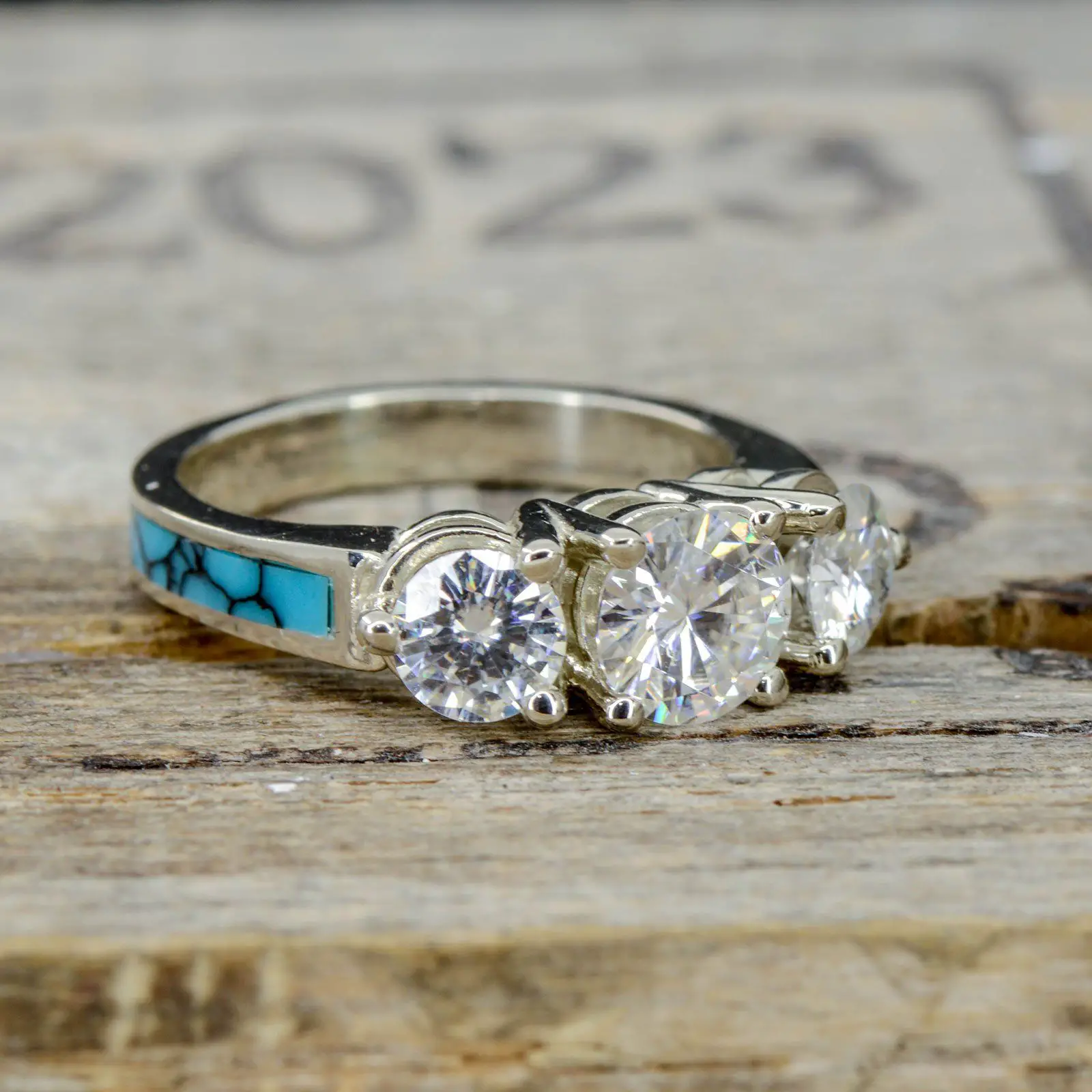 3 Moissanite Ring with Turquoise Band