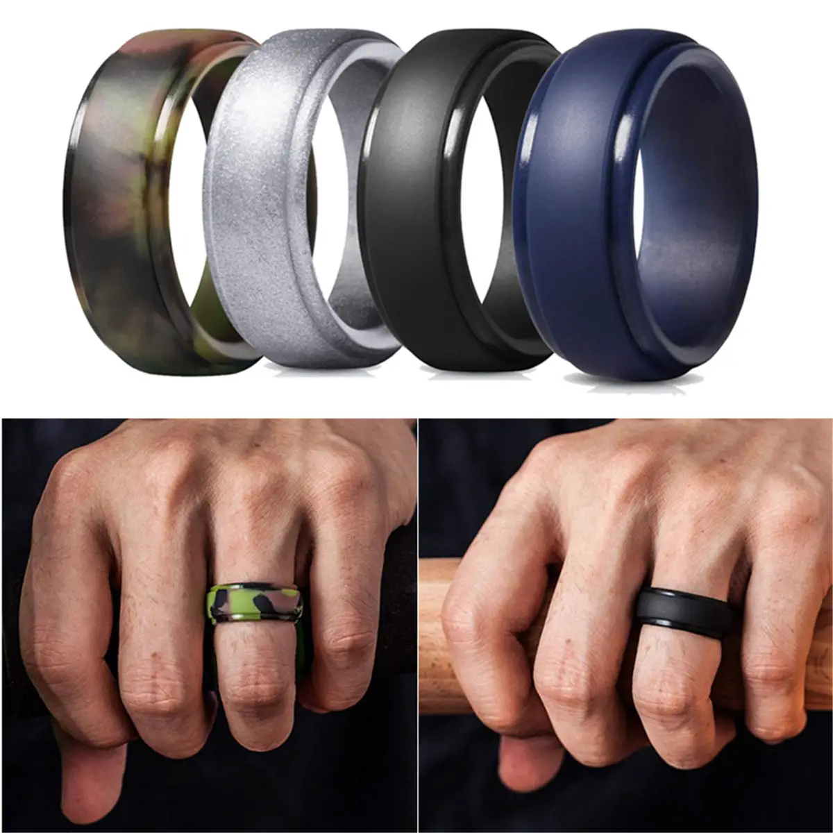 4pcs 8mm Silicone Wedding Rings for Mens Step Edge Rubber Wedding Bands ...