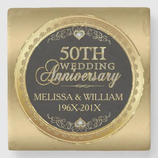 50th Wedding Anniversary Black &  Gold Stone Coaster ...