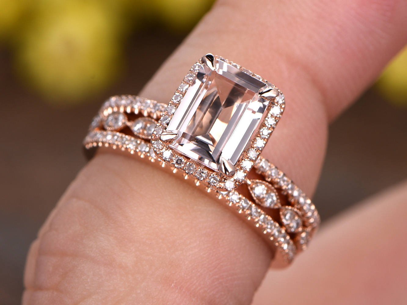 6x8mm emerald cut pink morganite engagement ring set,14k ...