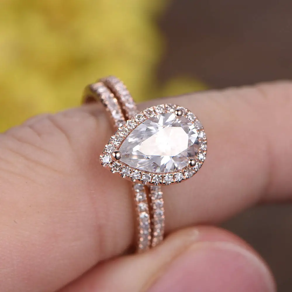 6x9mm Pear Shaped Moissanite Engagement Ring Set Rose Gold Thin Diamond ...