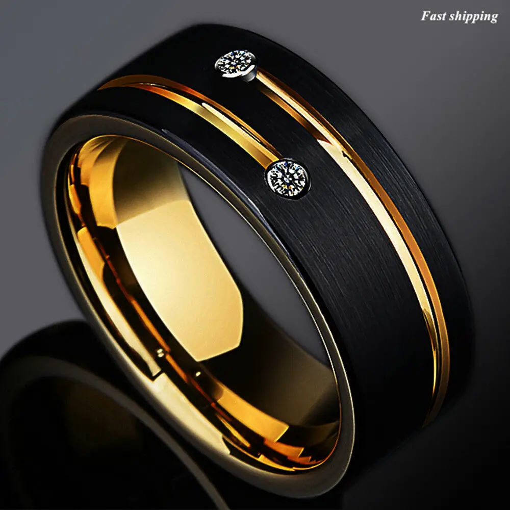 8mm Black Brushed Tungsten Ring Gold Grooved Line Diamond ATOP Men ...