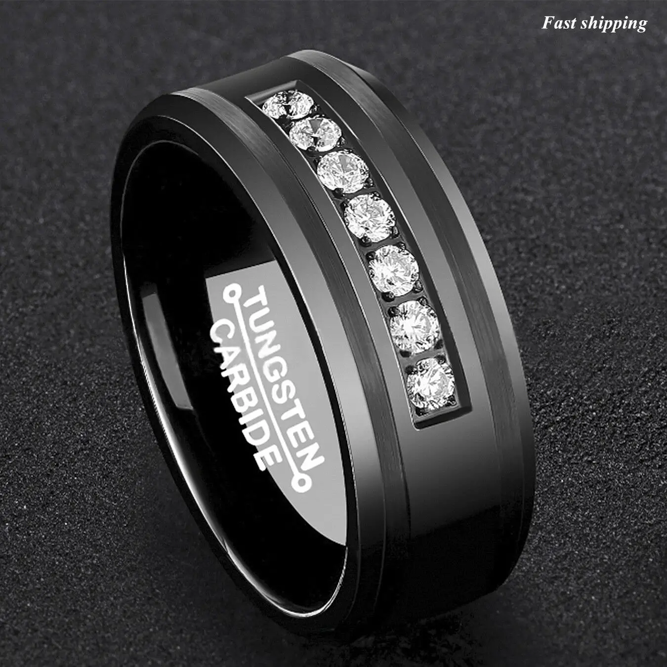 8Mm Black Tungsten Carbide Ring Diamonds Inlay Comfort Fit ATOP MEN ...