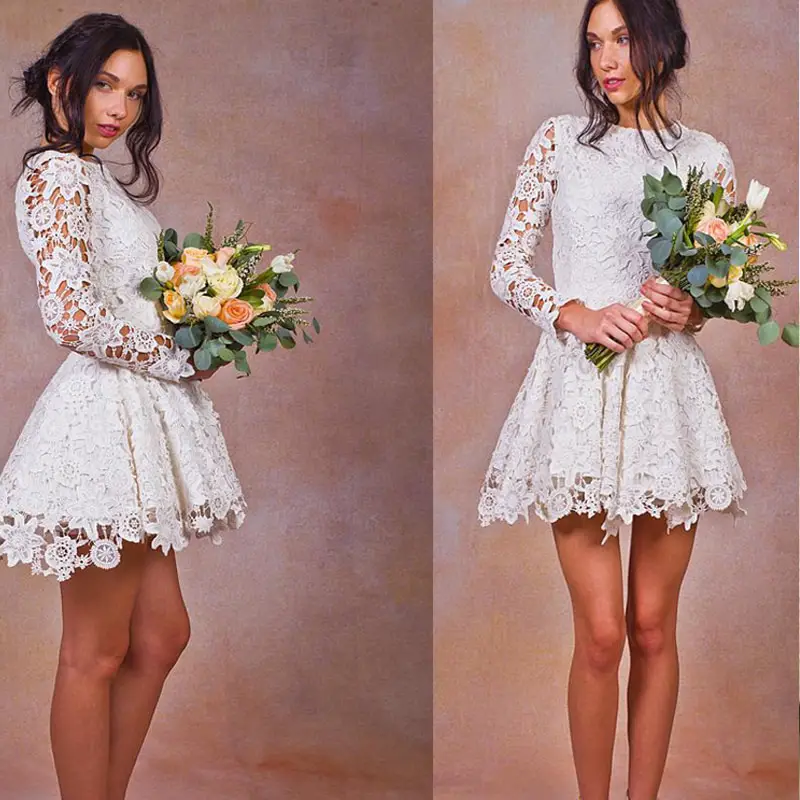 Aliexpress.com : Buy White Lace Short Wedding Dress Long Sleeve Robe De ...