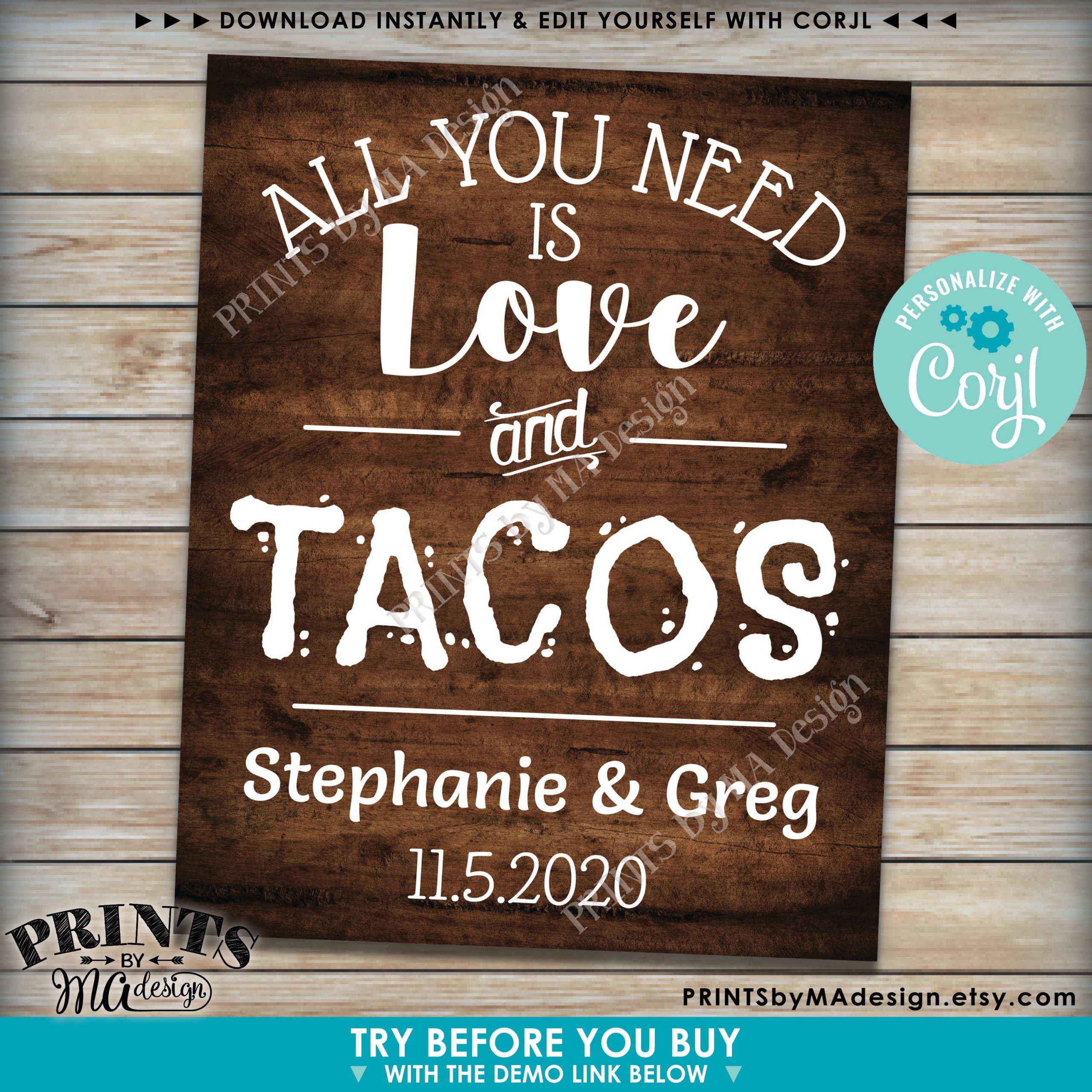 All You Need is Love and Tacos Sign, Taco Bar Wedding Sign, PRINTABLE ...