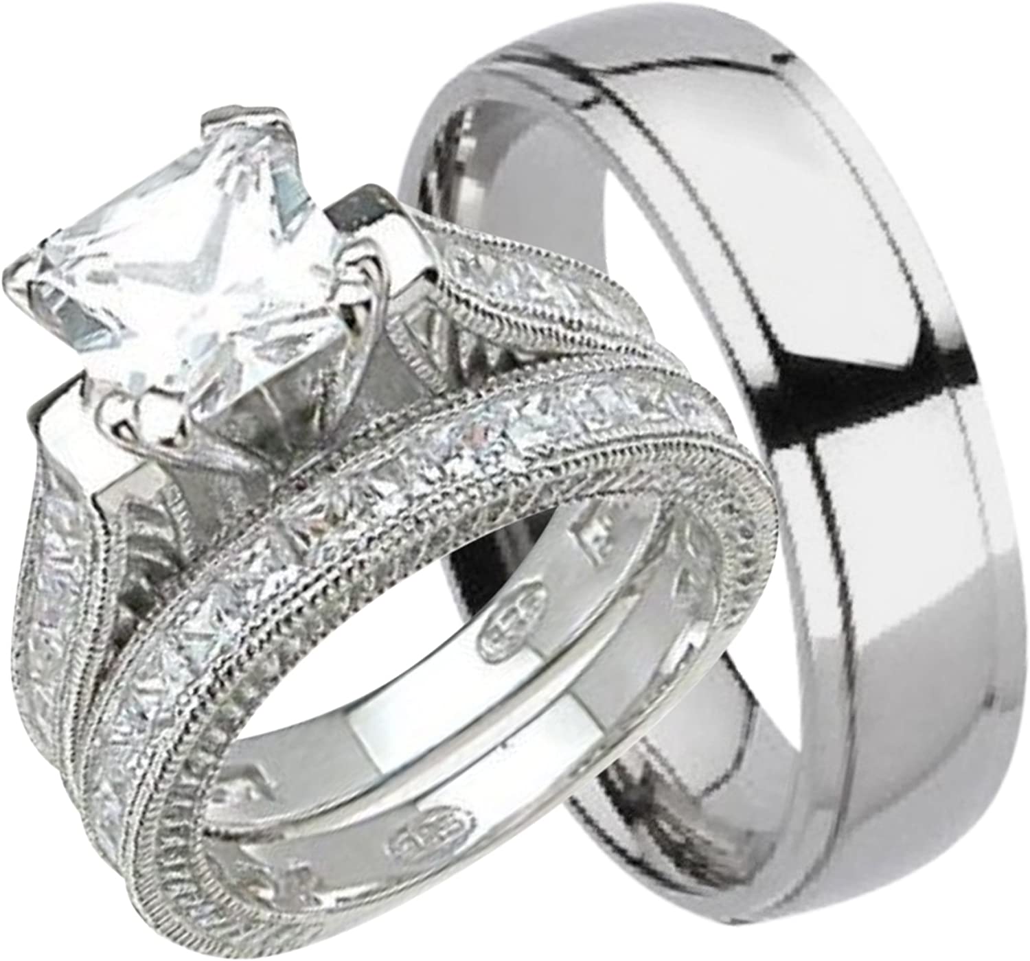 Amazon.com: His and Hers Wedding Ring Set Matching Trio Wedding Bands ...