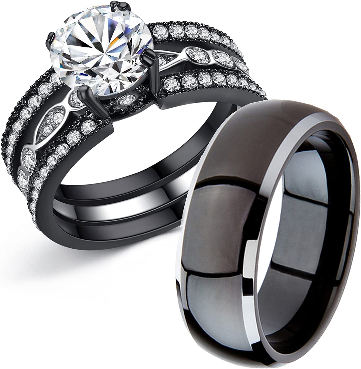 Amazon.com: MABELLA Couple Rings Black Mens Titanium Matching Band ...