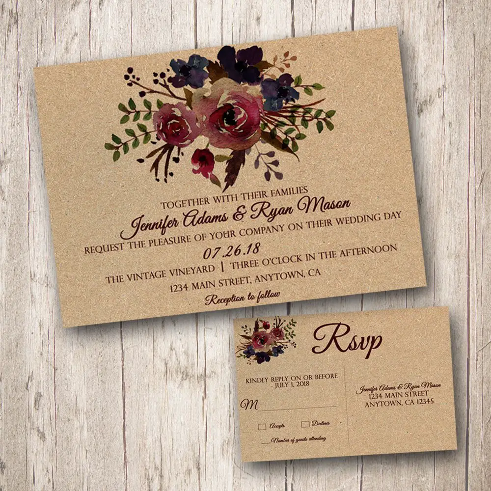 Amazon.com: Rustic Wedding Invitations with RSVP cards, burgundy ...