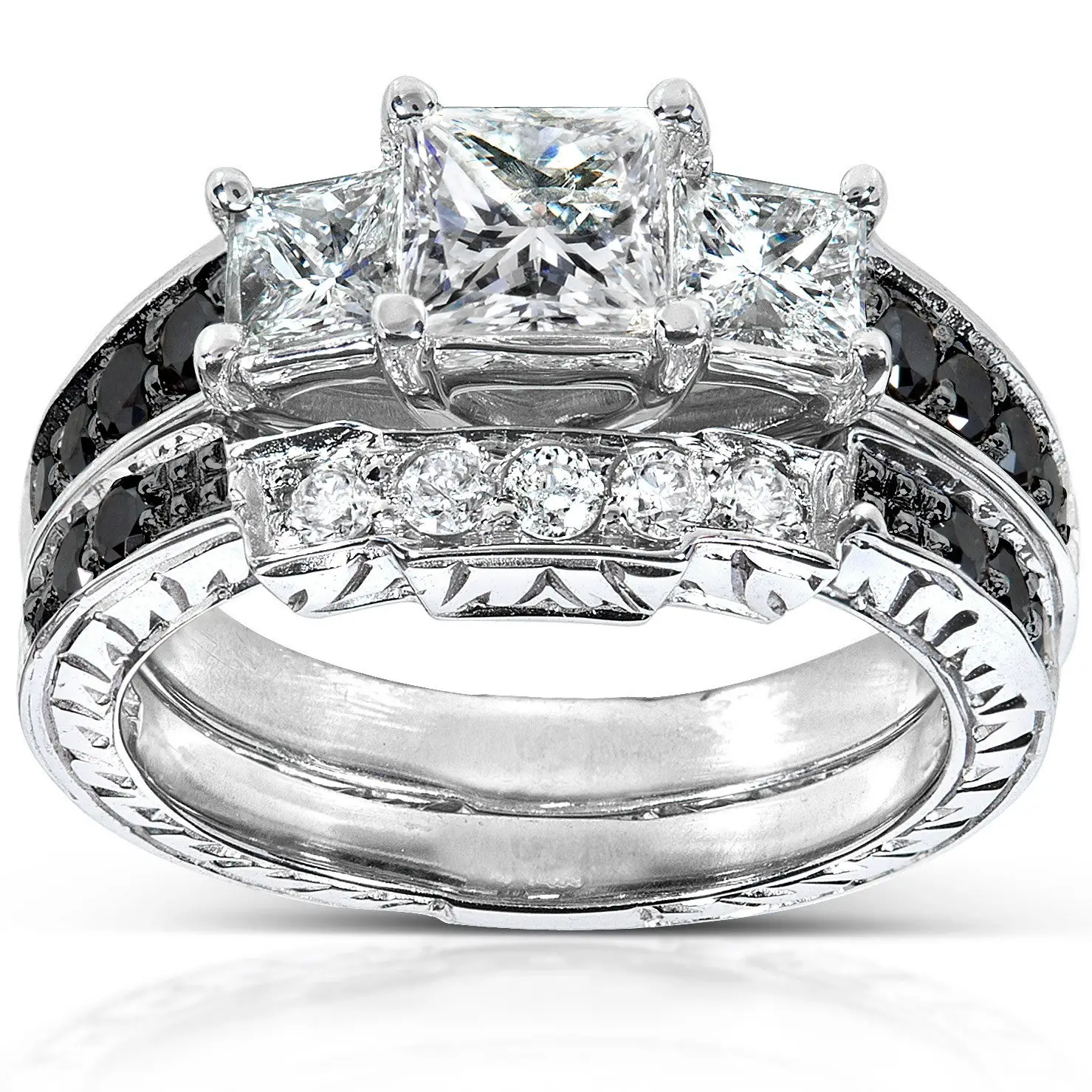 Annello 14k White Gold 1 3/5ct TDW Black and White Diamond Bridal Ring ...