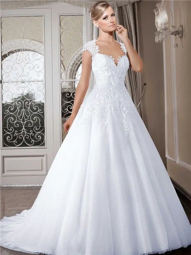 Ball Gown Queen Anne Neckline Cap Sleeve Tulle Lace Wedding Dress With ...