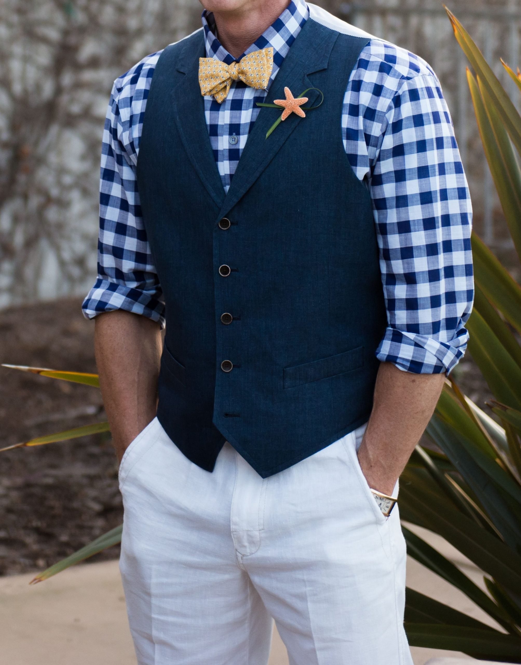 Beachy Gatsby wedding outfit with bowtie, vest, rolled up ...