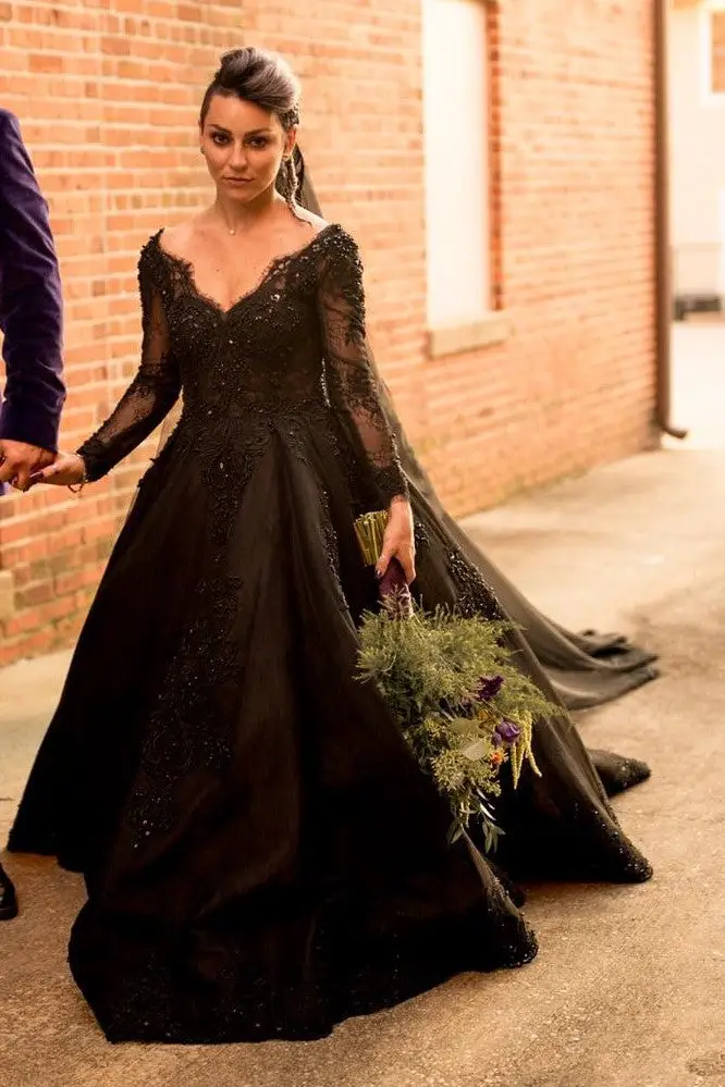 Beaded Lace Black Wedding Dresses Long Sleeves â loveangeldress