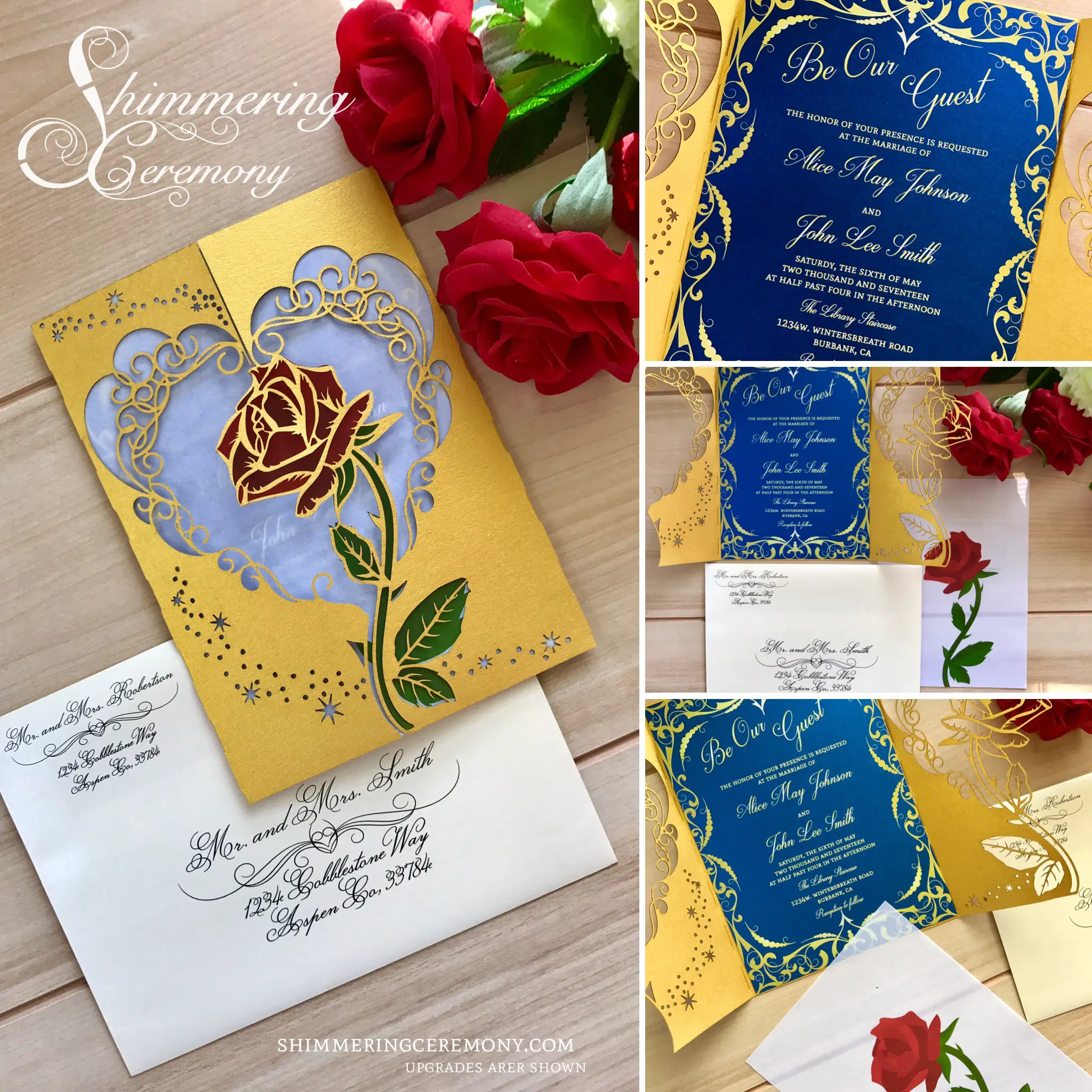 Beauty and the beast inspired wedding invitation laser rose and magic ...