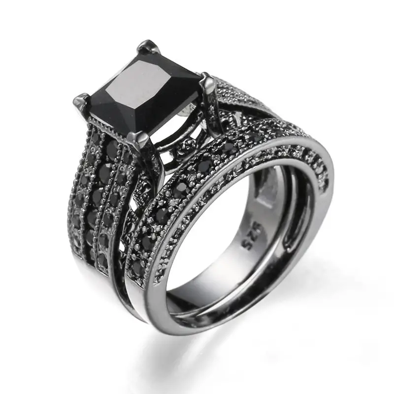 Black Zircon Ring Sets Gothic Wedding Rings For women  Bling Brides ...