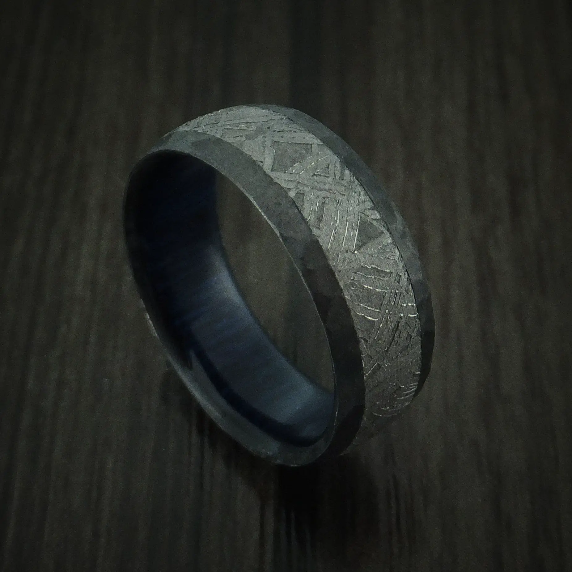 Black Zirconium Hammered Ring with Gibeon Meteorite Inlay and Wood ...