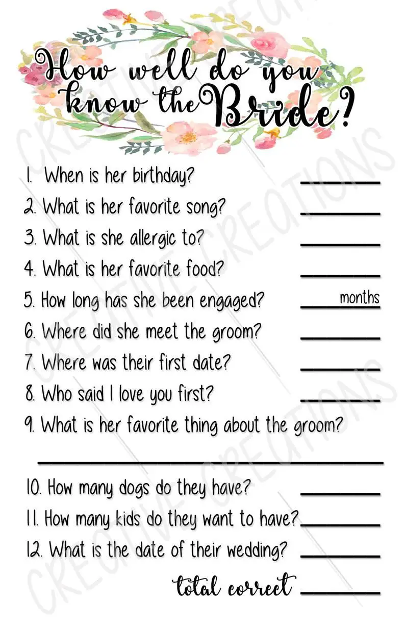 Bridal Shower Game * How Well Do You Know The Bride