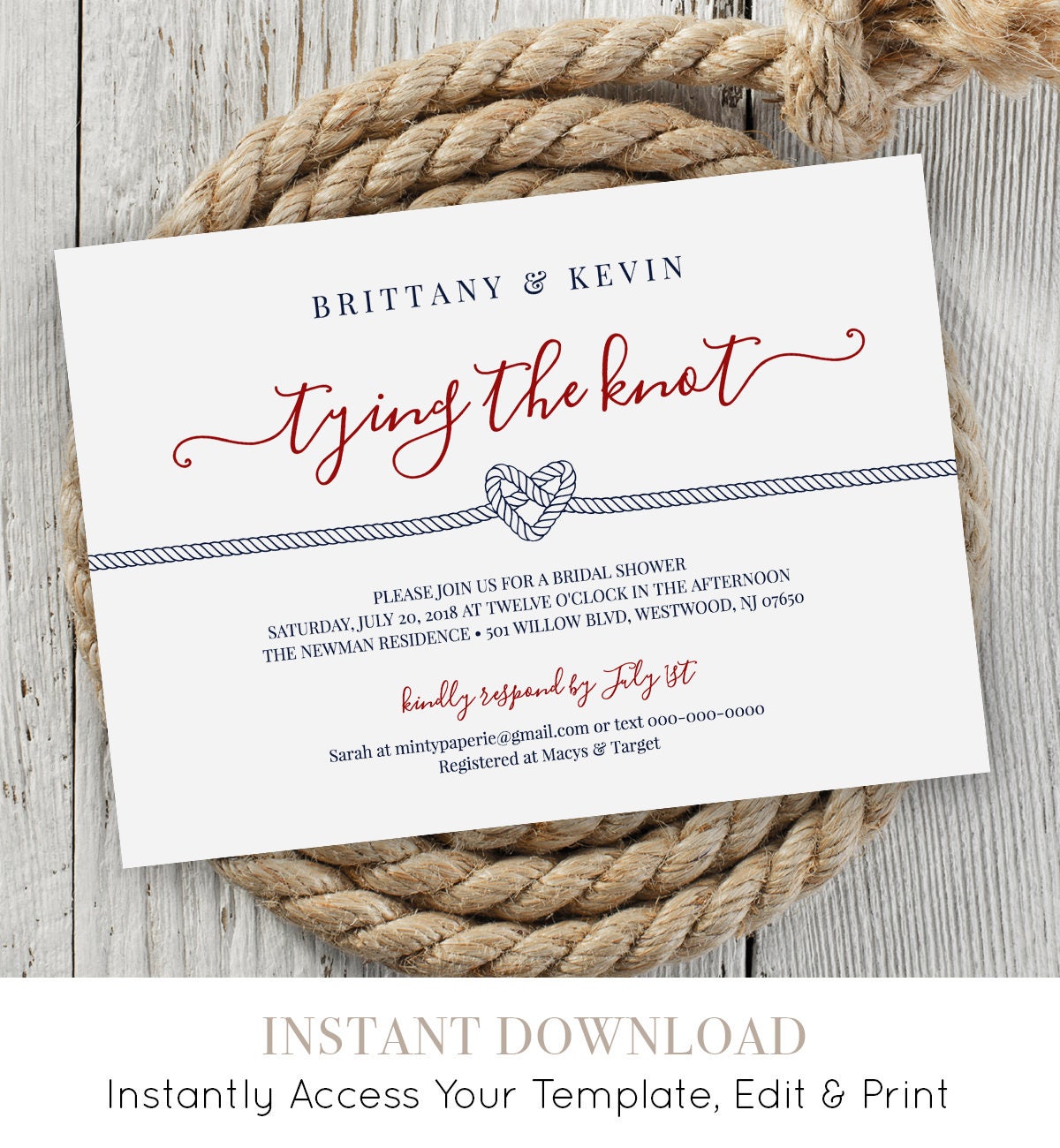 Bridal Shower Invitation Printable, Nautical Wedding Shower Invite ...