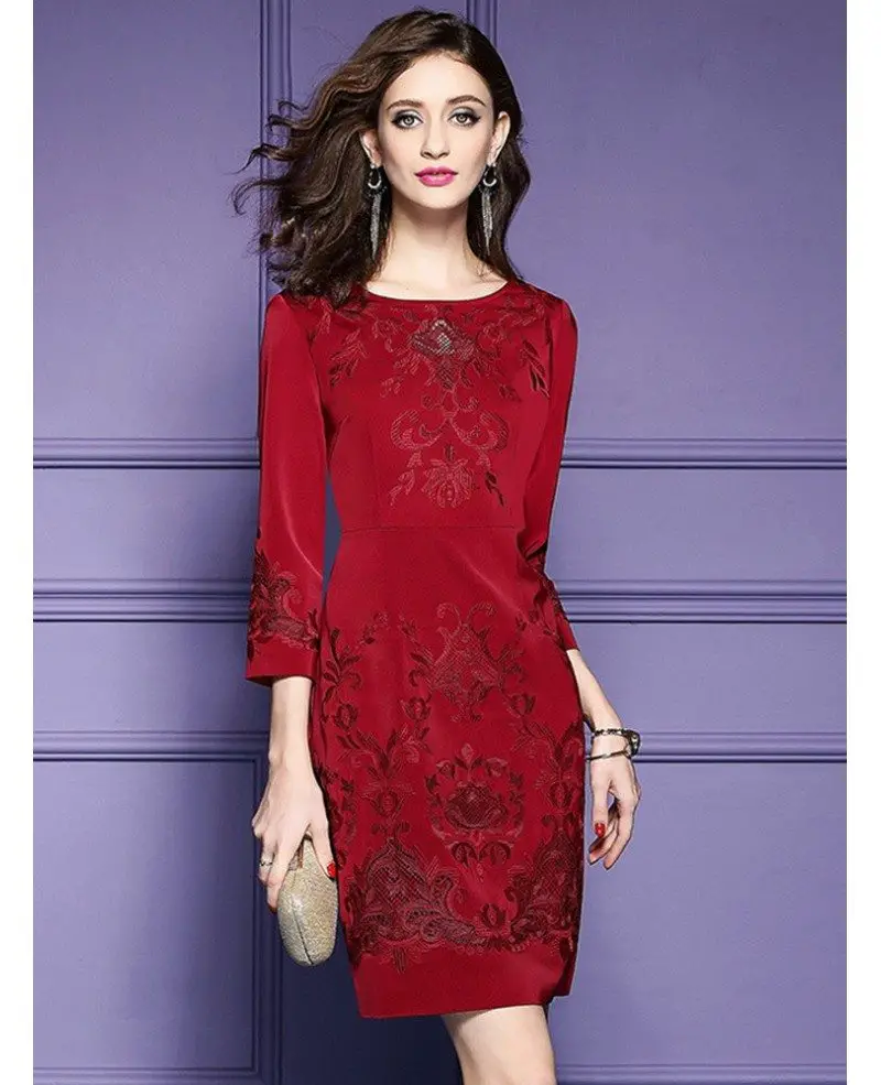 Burgundy Formal Embroidered Short Dress For Wedding Guest Over 40 # ...
