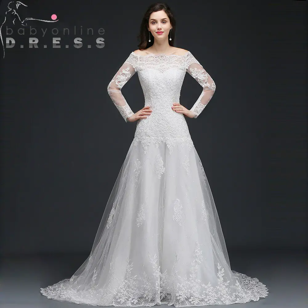 Charming Boat Neck Long Sleeve Wedding Dresses Real Images Appliques ...