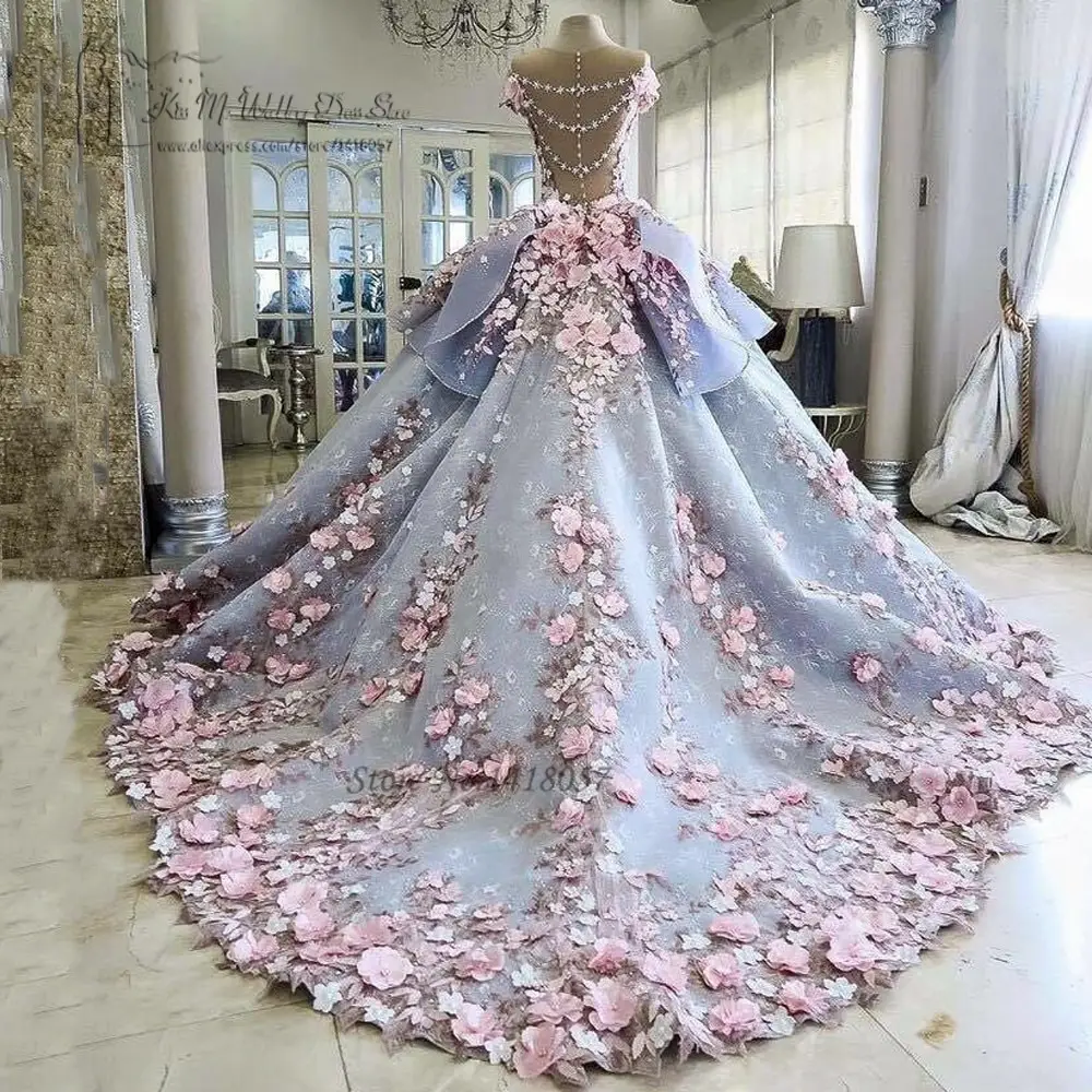 Colorful Luxury Wedding Dresses Pink Flowers Dreamy Ball Gown Wedding ...