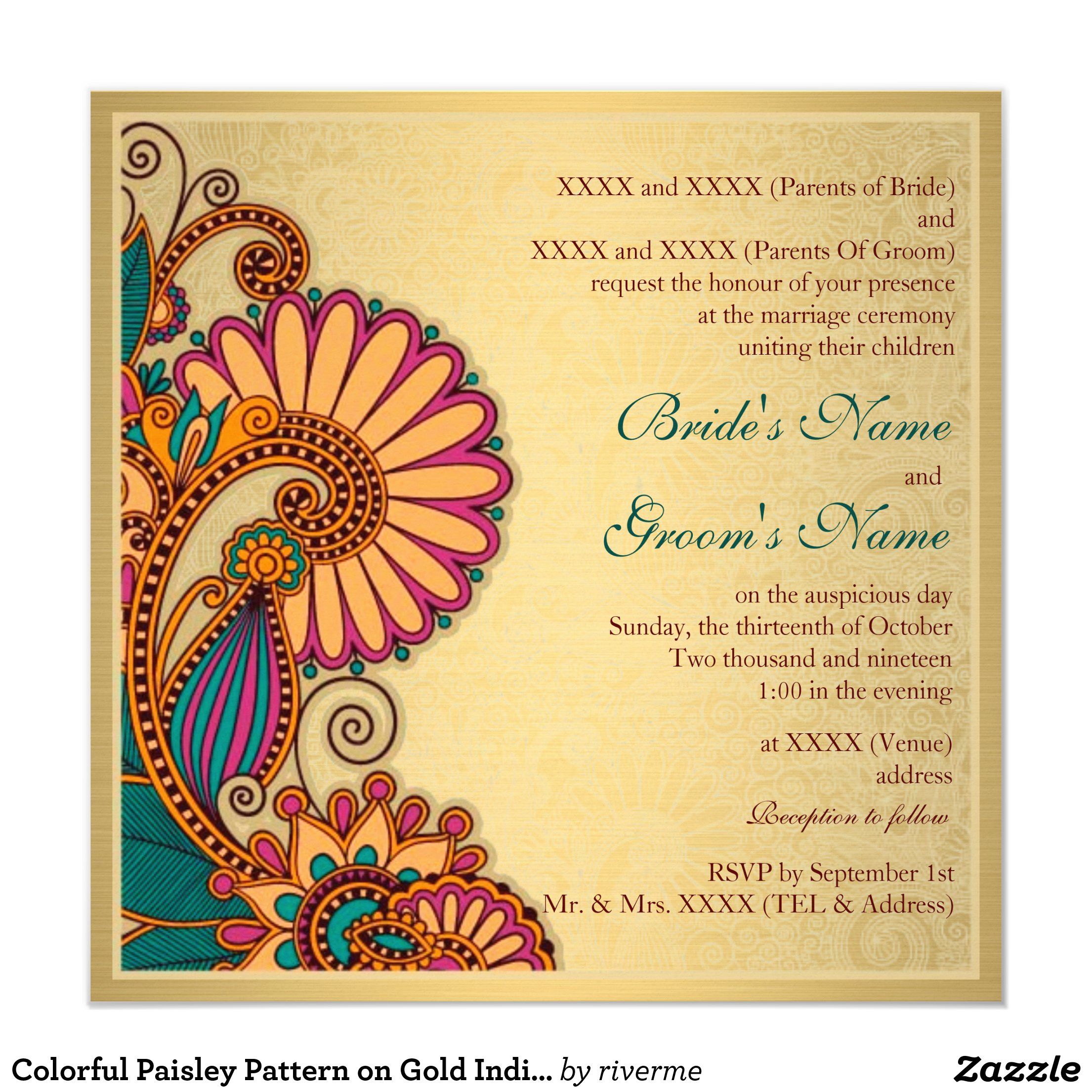 Colorful Paisley Pattern on Gold Indian Wedding Invitation