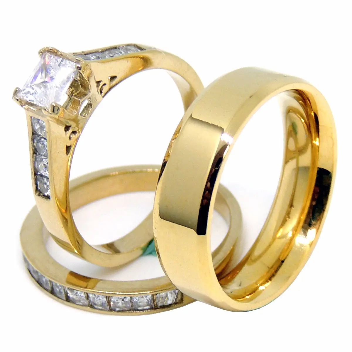 Couples Ring Set 14K Gold Plated 5mm Princess CZ Wedding Ring Mens Gol ...