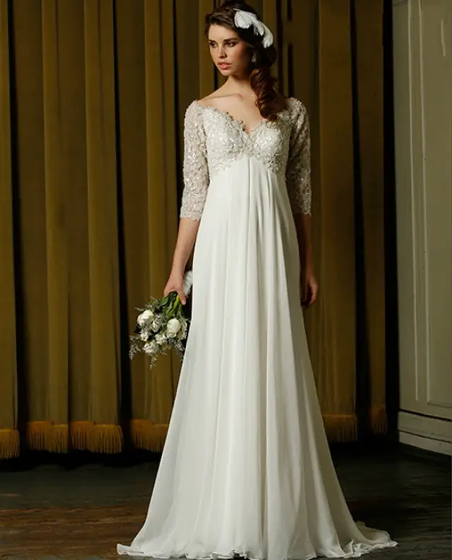 Custom Size Empire Waist Chiffon Wedding Dresses V Neck with Sleeves ...