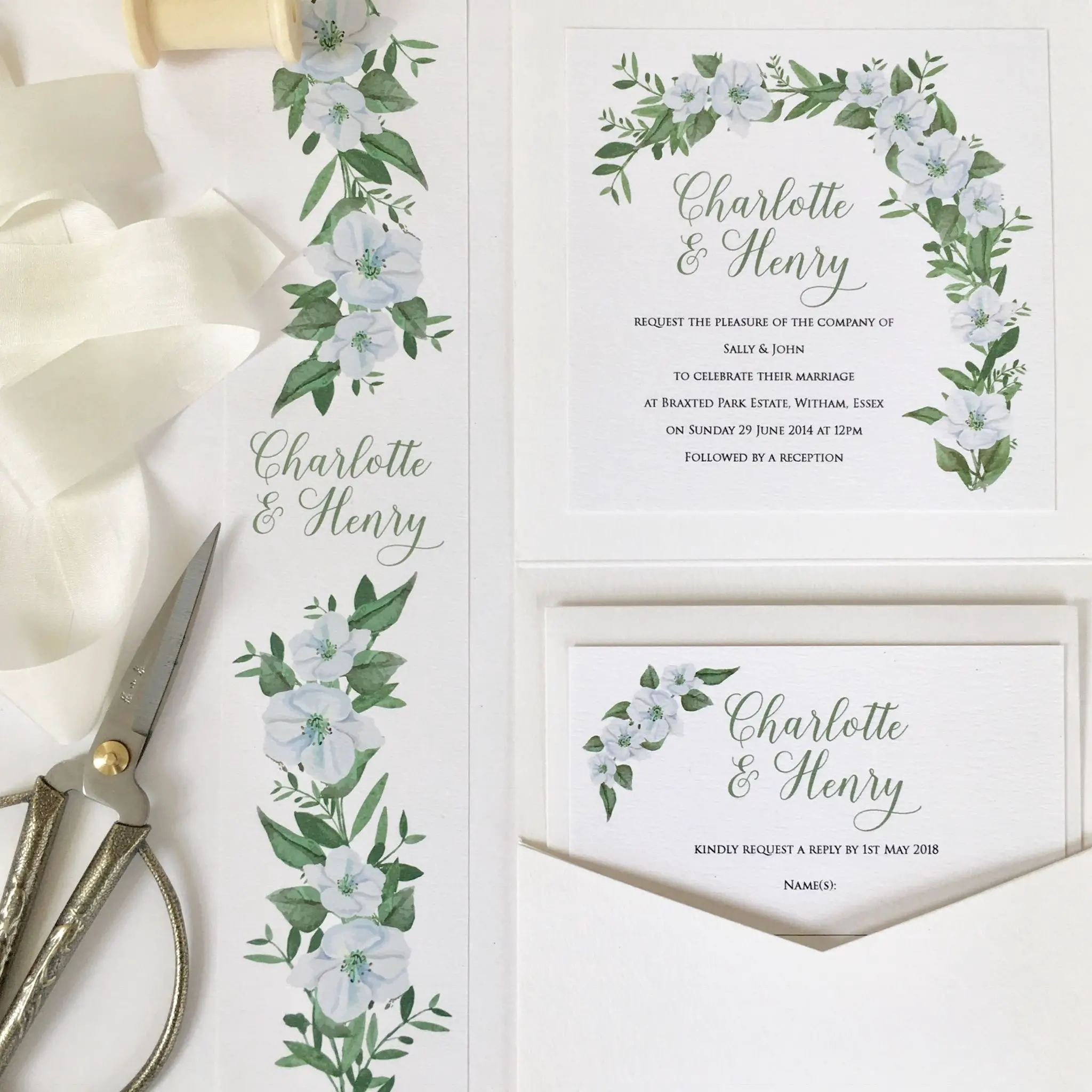 Delicate green and white floral wedding invitation set. Beautiful ...