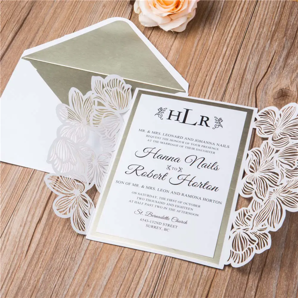 Designer Ivory Laser Cut Wedding Invitation with name tag &  RSVP set