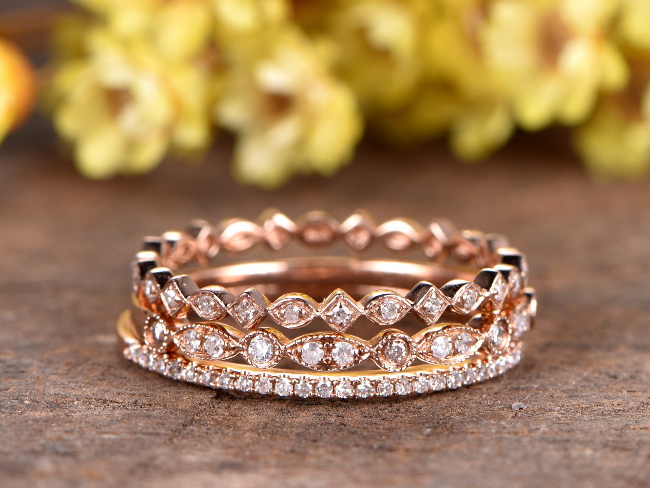 Diamond wedding band set 14k rose gold Milgrain bridal promise ring ...
