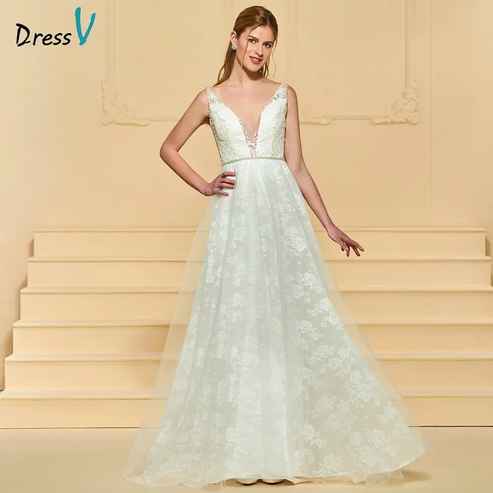 Dressv beading v neck elegant wedding dress sleeveless a line sweep ...