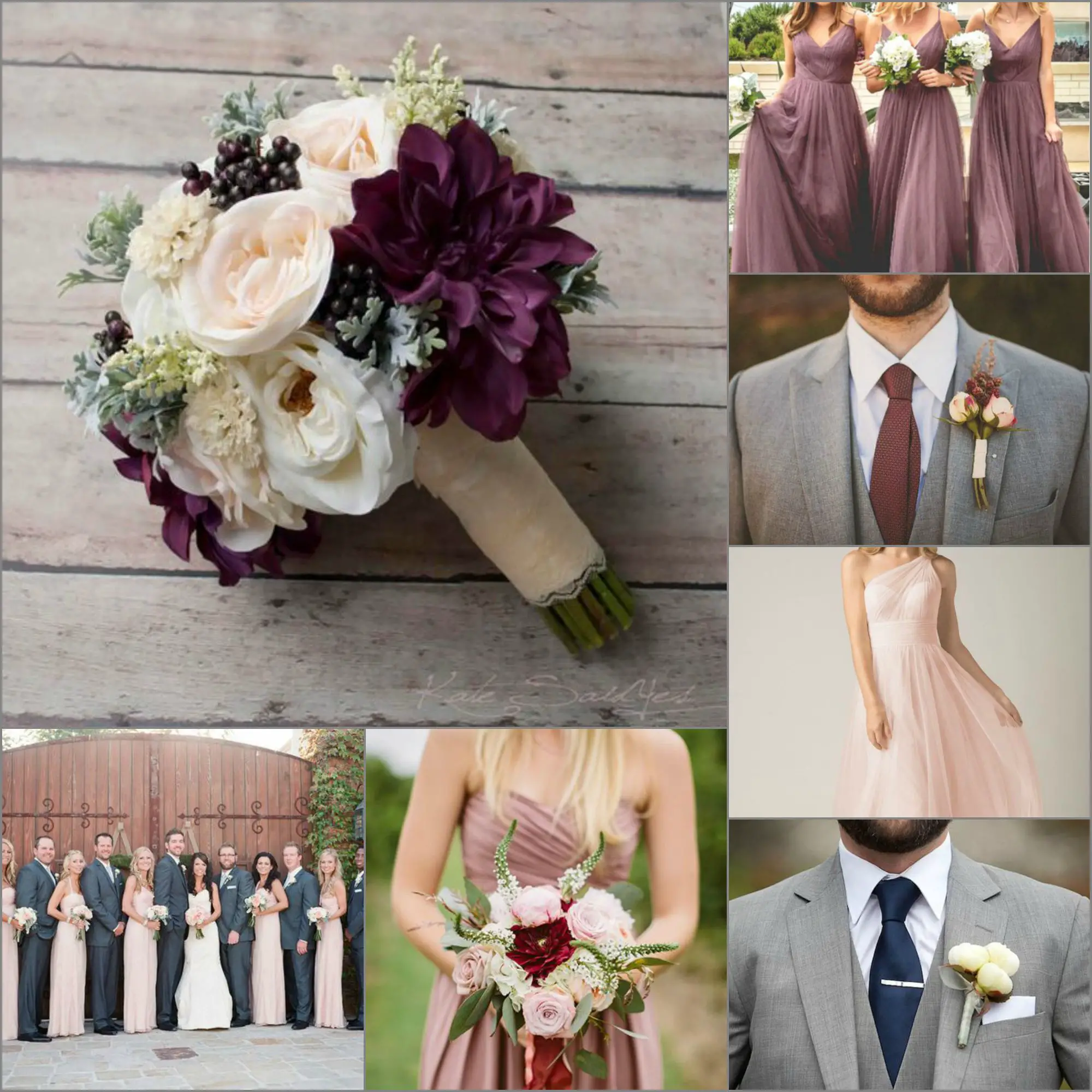 Dusty pink, mauve, grey, plum, and navy blue wedding