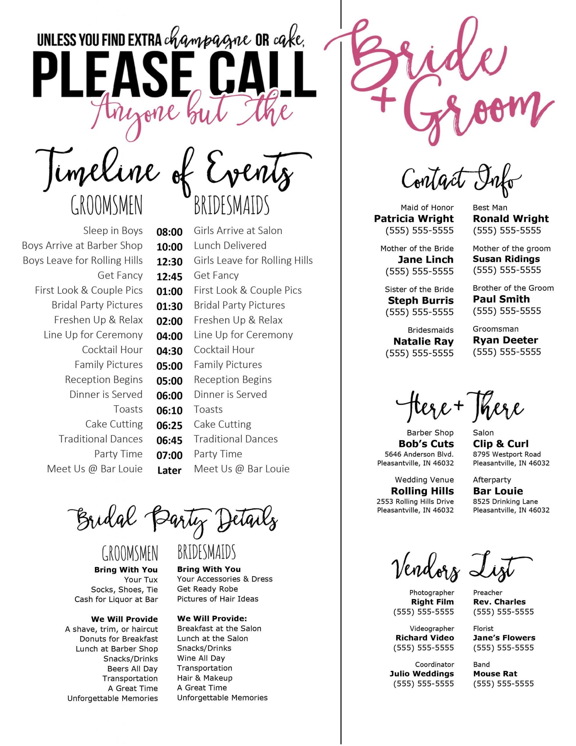Editable Wedding Timeline Call Anyone but the Bride and