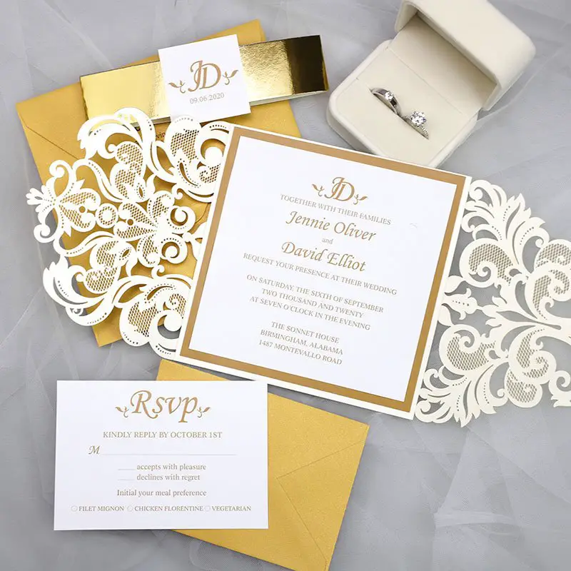 Elegant Gold &  Ivory Luxury Laser Cut Wedding Invitation ...