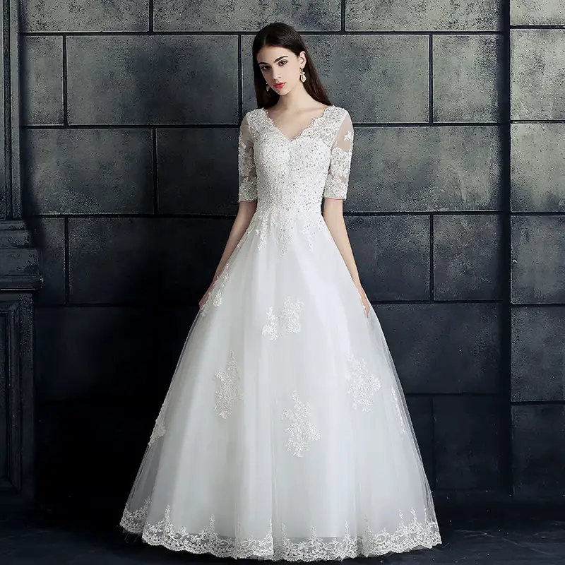 Elegant Half Sleeves V neck Bridal Wedding Gowns 2017 A line Organza ...