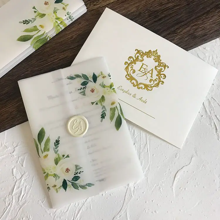 Elegant rustic green and white wedding invitations, vellum wedding ...
